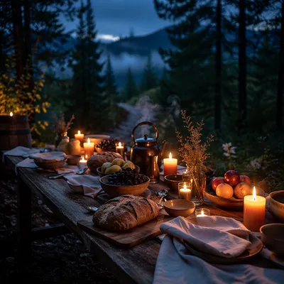 Rustic Candlelit Table in Forest Clearing