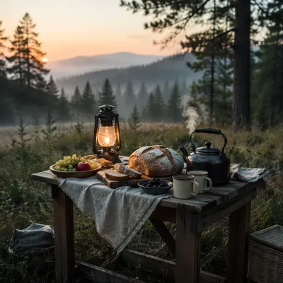 Rustic Provision Table in Misty Clearing