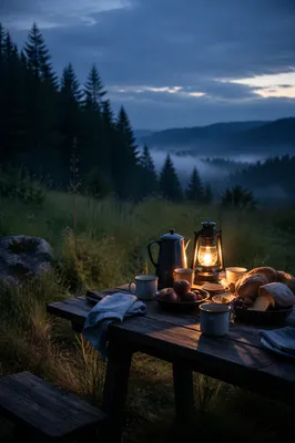 Lantern Lit Table in Wilderness Clearing