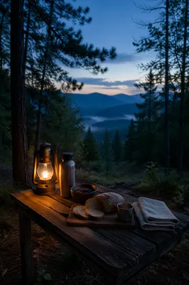 Rustic Provision Table in Wilderness Clearing