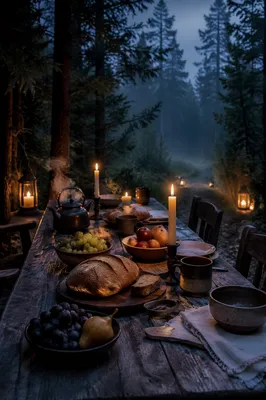 Rustic Table with Candles in Forest