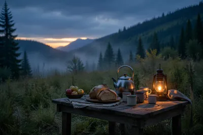 Rustic Provision Table in Misty Wilderness