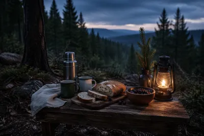 Rustic Provision Table in Wilderness Clearing