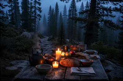 Rustic Table with Bread in Forest