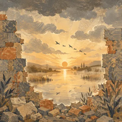 Redemption Sunrise Beyond a Broken Stone Wall