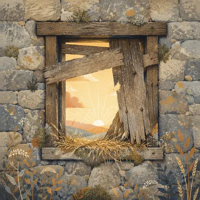 Redemption Sunrise Through Broken Stone Wall