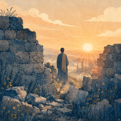 Redemption Sunrise Beyond a Broken Stone Wall