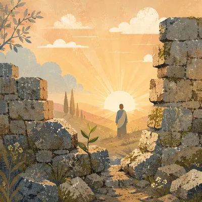Redemption Sunrise Beyond a Broken Stone Wall