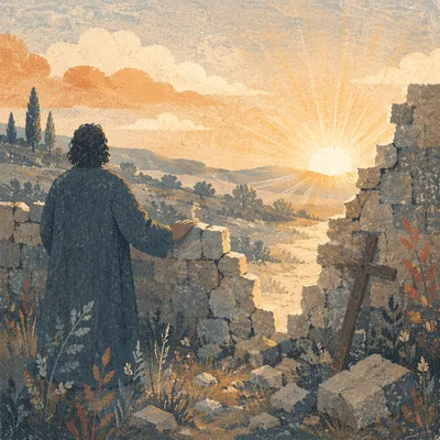 Redemption Sunrise Through Broken Stone Wall