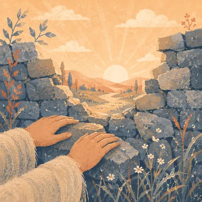 Redemption Sunrise Through a Broken Stone Wall