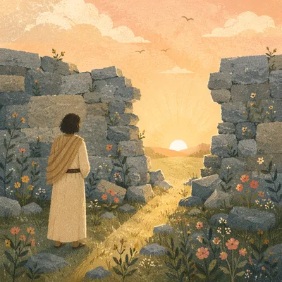 Redemption Sunrise Through a Broken Stone Wall