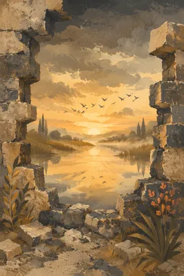 Redemption Sunrise Beyond Broken Stone Wall