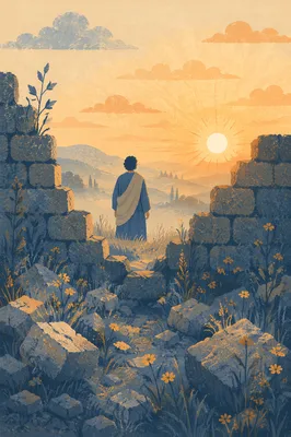 Redemption Sunrise Beyond Broken Stone Wall