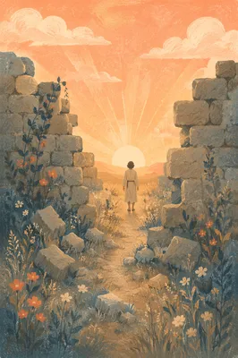 Redemption Sunrise Beyond Broken Stone Wall