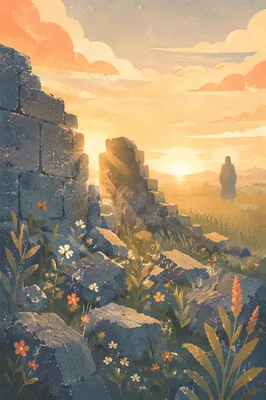 Redemption Sunrise Through Broken Stone Wall