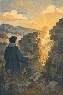 Redemption Sunrise Through a Broken Stone Wall