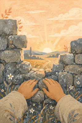 Redemption Sunrise Beyond a Broken Stone Wall