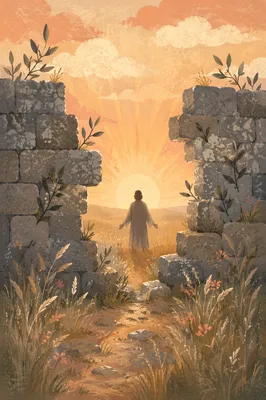 Redemption Sunrise Beyond a Broken Stone Wall