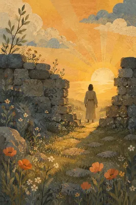Redemption Sunrise Beyond a Broken Stone Wall