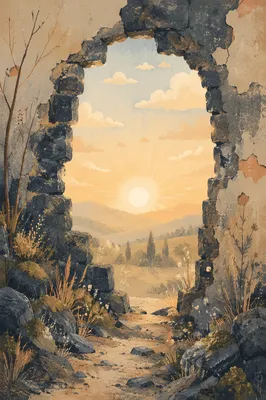 Redemption Sunrise Through Broken Stone Wall