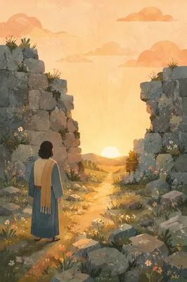 Redemption Sunrise Through Broken Stone Wall
