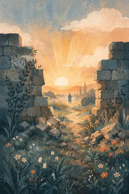 Redemption Sunrise Through a Broken Stone Wall