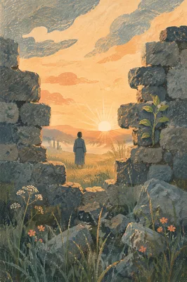 Redemption Sunrise Through Broken Stone Wall