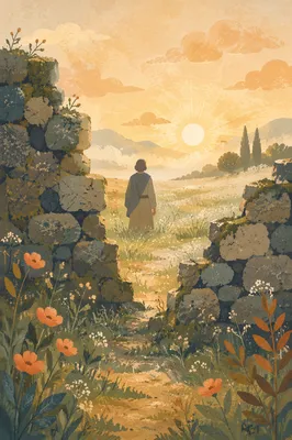 Redemption Sunrise Beyond a Broken Stone Wall