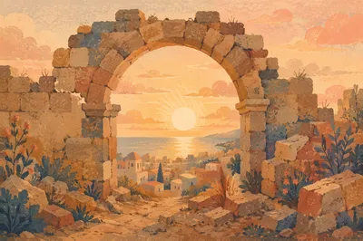 Redemption Sunrise Through Broken Stone Arch