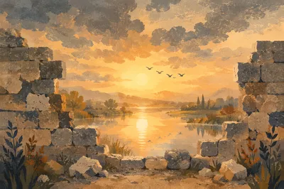 Redemption Sunrise Beyond Broken Stone Wall