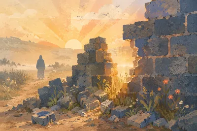 Redemption Sunrise Through Broken Stone Wall