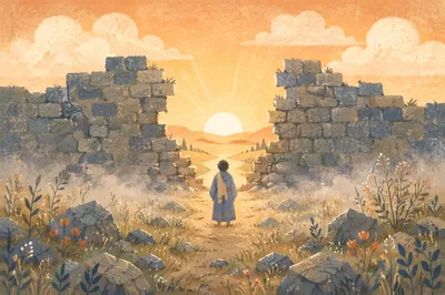 Redemption Sunrise Through Broken Stone Wall