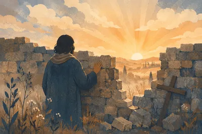 Redemption Sunrise Through Broken Stone Wall