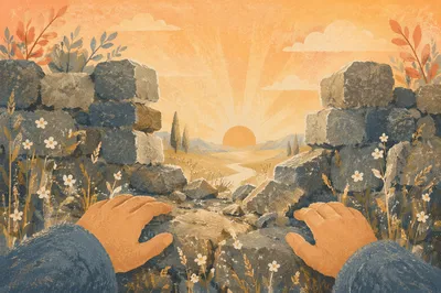 Redemption Sunrise Beyond a Broken Stone Wall