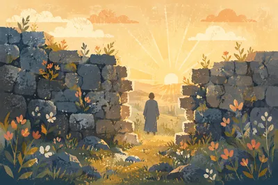 Redemption Sunrise Through Broken Stone Wall