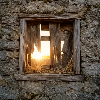 Redemption Sunrise Through Broken Stone Wall