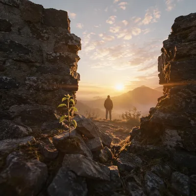 Redemption Sunrise Beyond a Broken Stone Wall