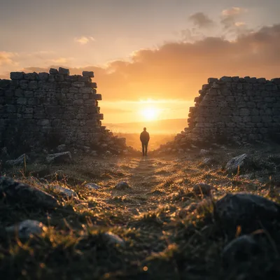 Redemption Sunrise Through Broken Stone Wall
