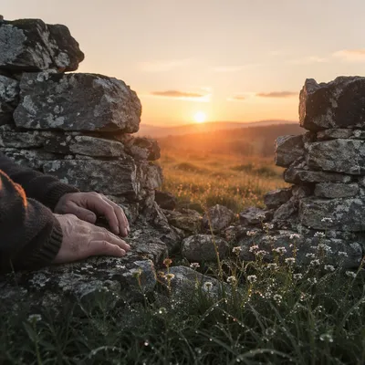 Redemption Sunrise Through Broken Stone Wall