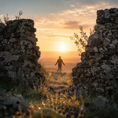 Redemption Sunrise Beyond Broken Stone Wall