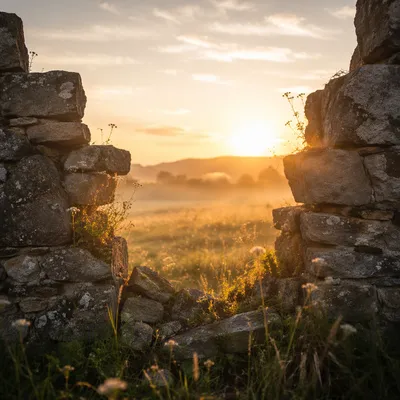 Sunrise Through Broken Stone Wall