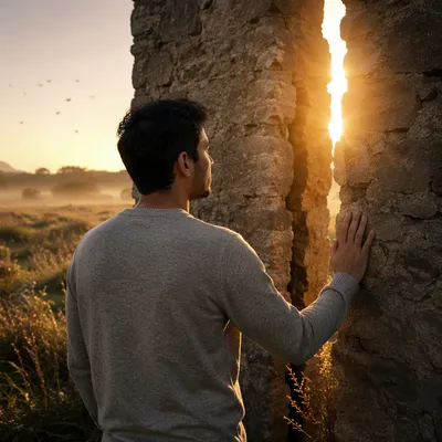 Man by Cracked Stone Wall at Sunrise