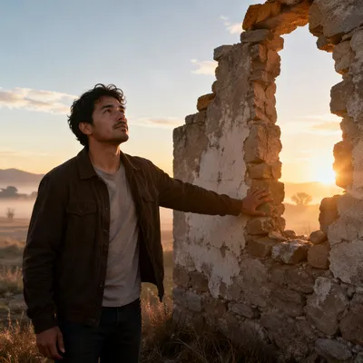 Young Man by Broken Wall at Sunrise