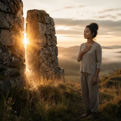 Woman by Split Stone Wall at Sunrise