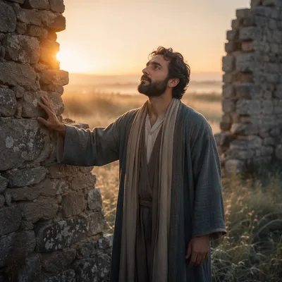 Young Man by Broken Wall at Sunrise