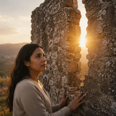 Young Woman by Broken Stone Wall