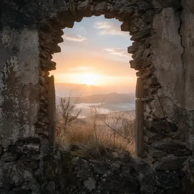 Redemption Sunrise Through Broken Stone Wall