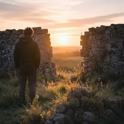 Redemption Sunrise Through a Broken Stone Wall