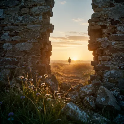 Redemption Sunrise Through a Broken Stone Wall