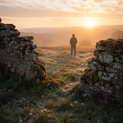 Redemption Sunrise Beyond a Broken Stone Wall